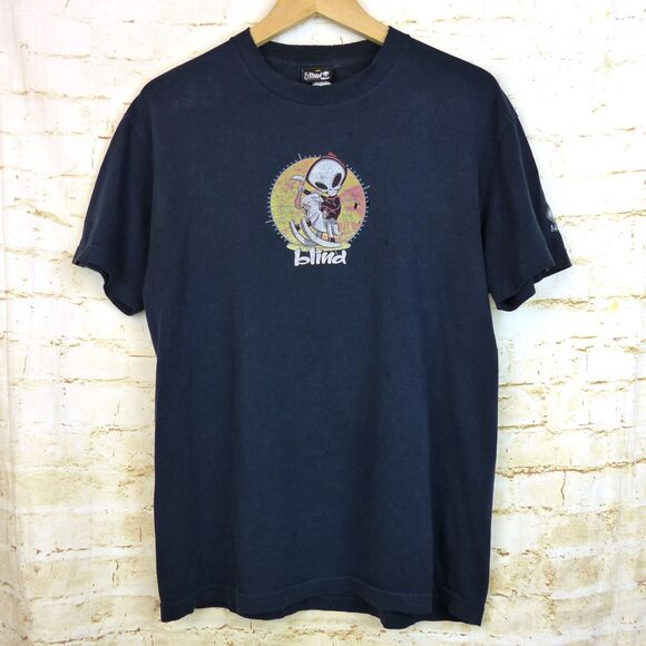 VTG 90s Blind Skateboards T-Shirt Men L Blue Rocking Horse Grim Reaper Logo USA